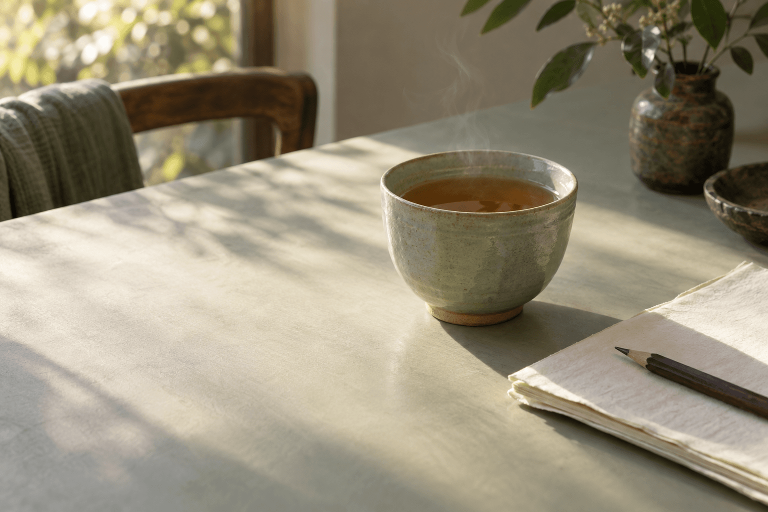 A celadon cup beside a handwritten list and pencil, in a generated brand concept.